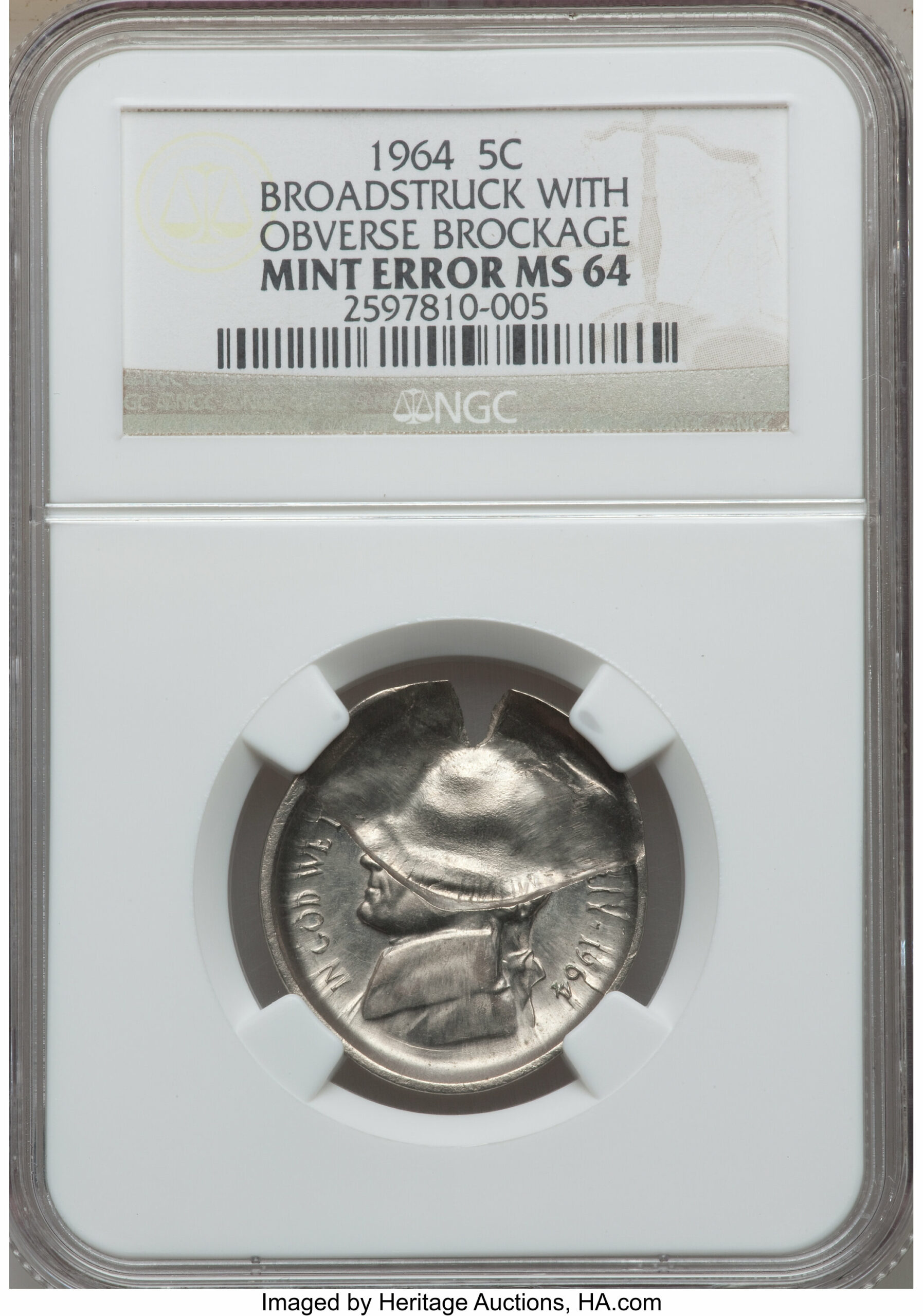 1964 "No Mint Mark" Nickel - Broadstuck with Obverse Brockage
