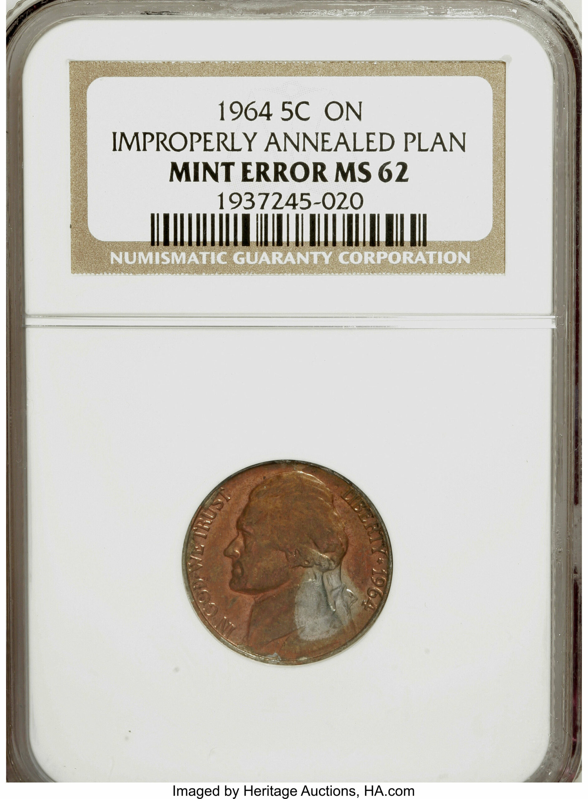 1964 "No Mint Mark" Nickel - Improperly Annealed Planchet