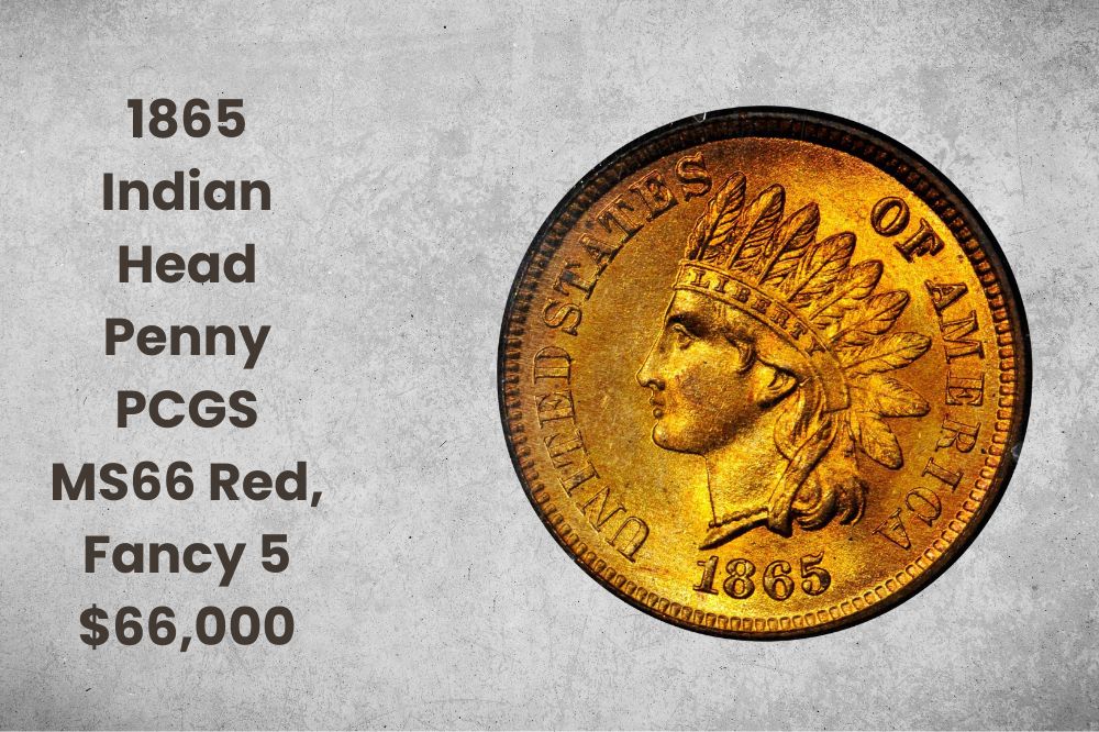 1865 Indian Head Penny PCGS MS66 Red, Fancy 5 $66,000