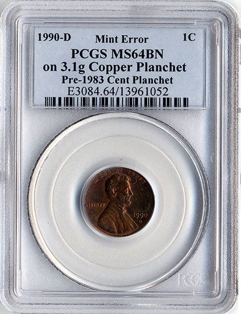 1990 Penny Struck on Copper Planchet